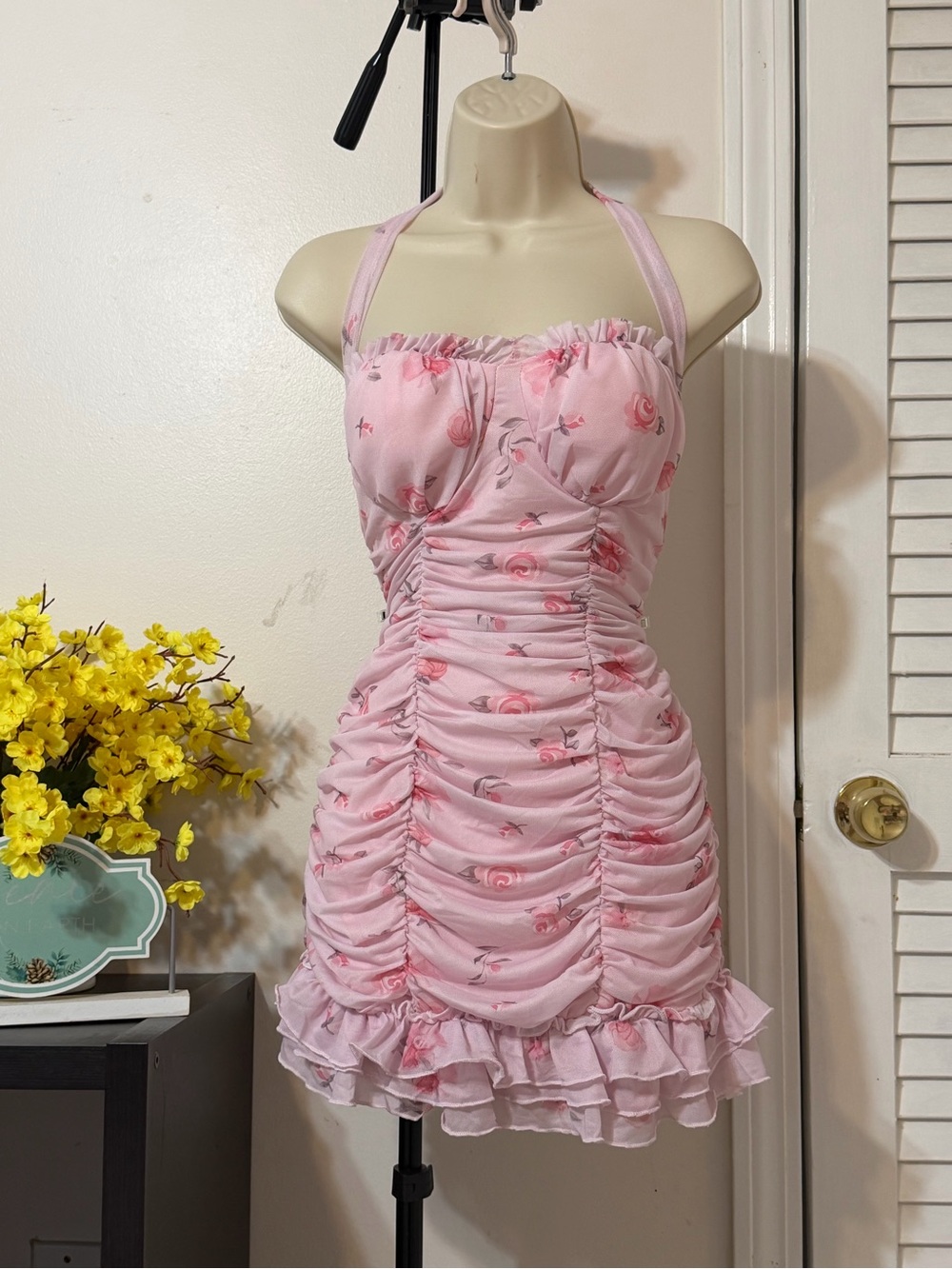 Pink Floral Ruched Halter Mini Dress brand new